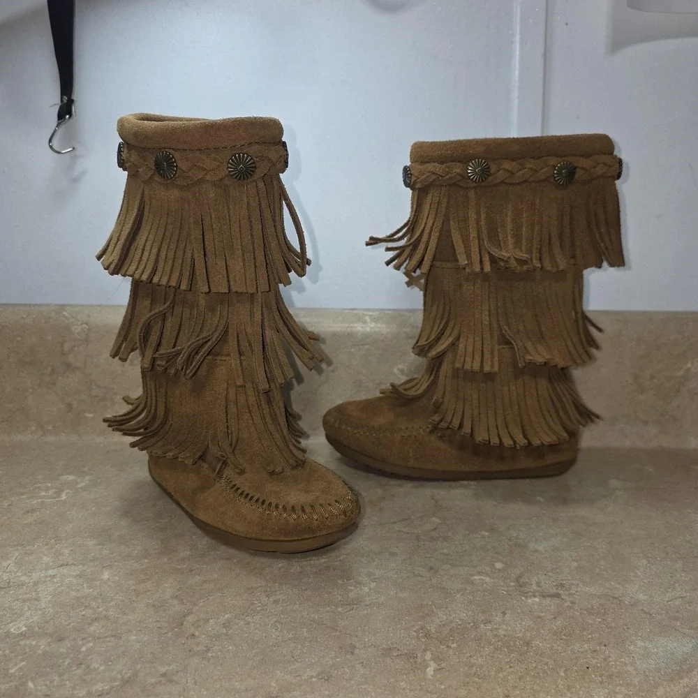 Minnetonka Fringe Boots Girls 8 Brown Suede 3 Layer Western Tall Zip Moccasin